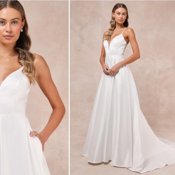 LULU's Bridal Wedding Chic Classy Modern Sexy Minimalist Sexy Satin A-Line Gown - Picture 1 of 5